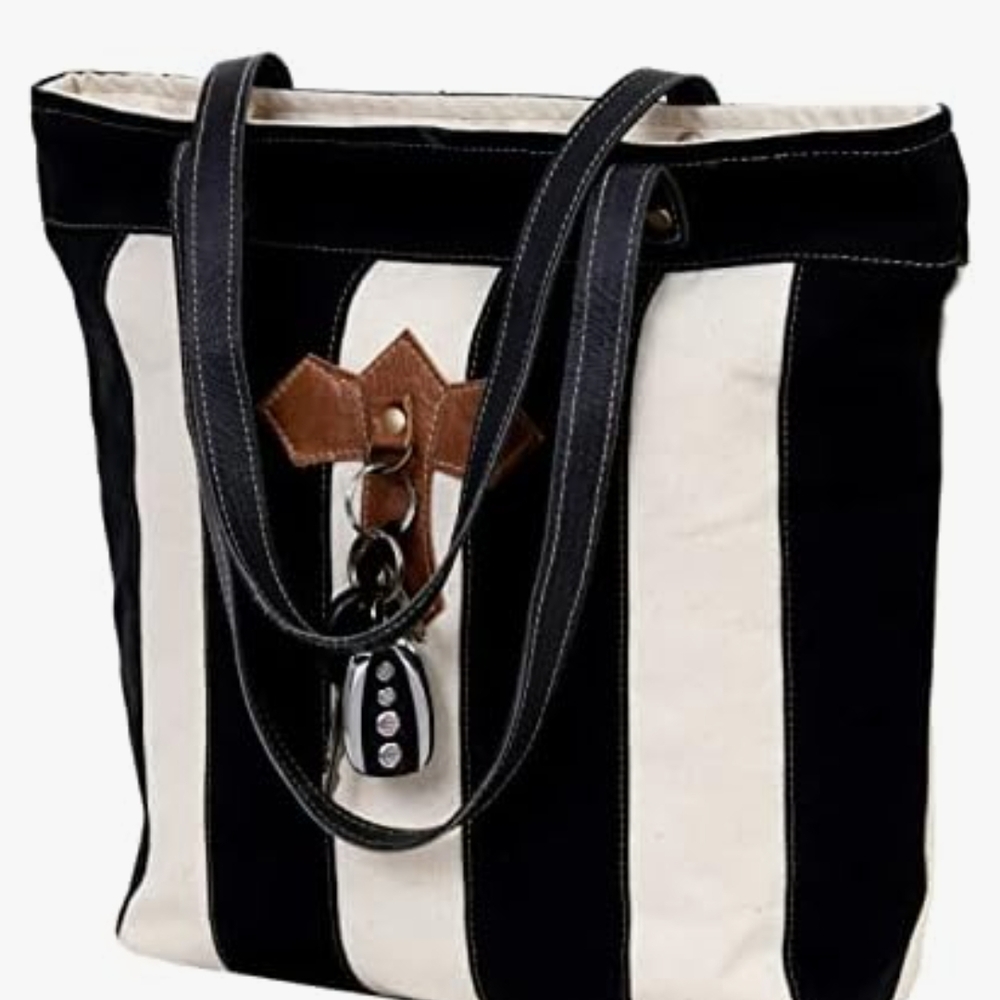 Classic Black and White Striped Tote with Leather Handles